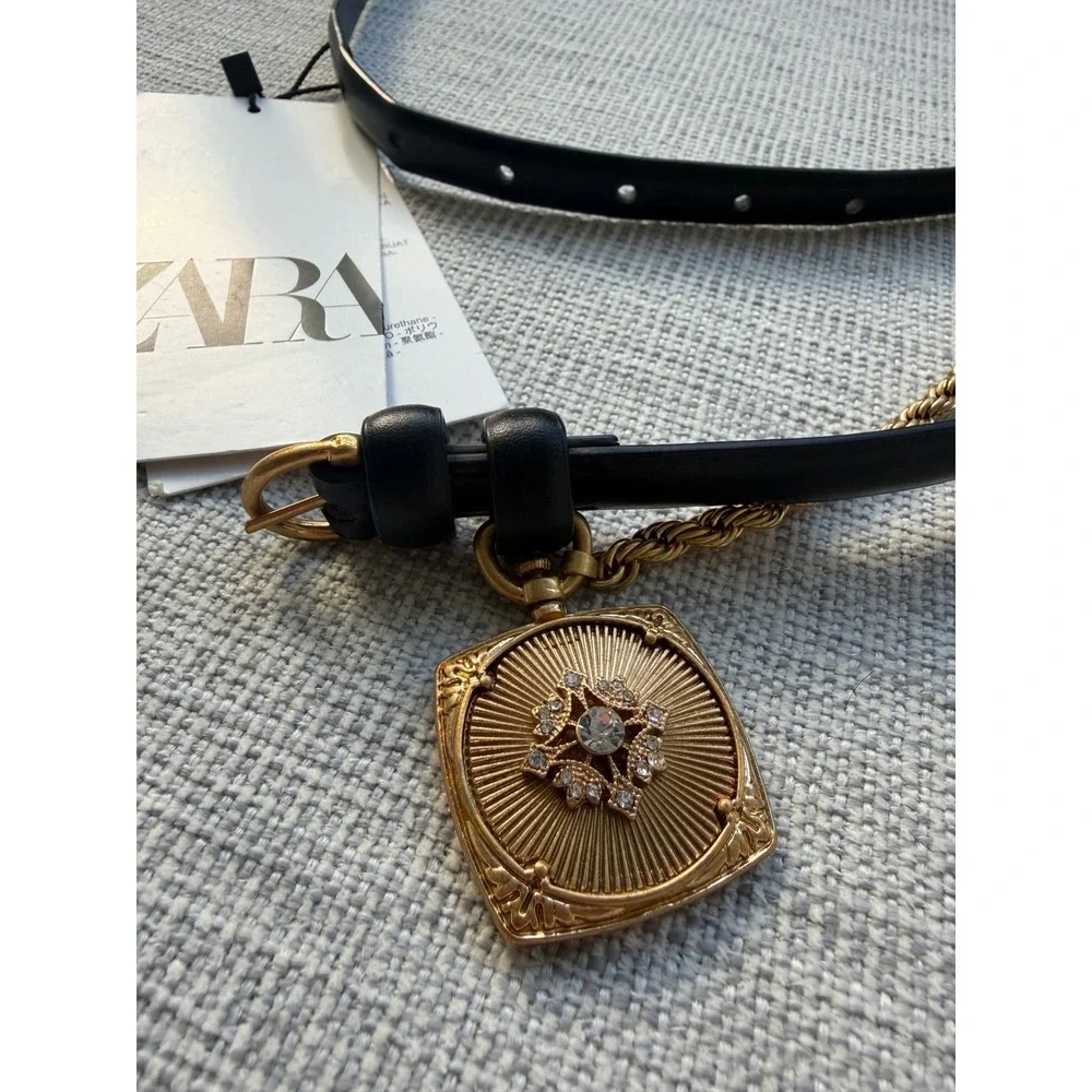 Zara Black Skinny Belt Gold Rope Chain Square Locket Pendant Rhinestone 85 NWT